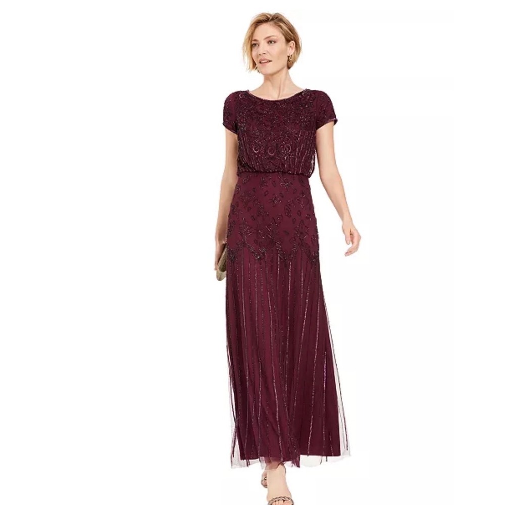 Adrianna Papell Beaded Blouson Gown Eggplant Purple Short Sleeve Maxi Dress